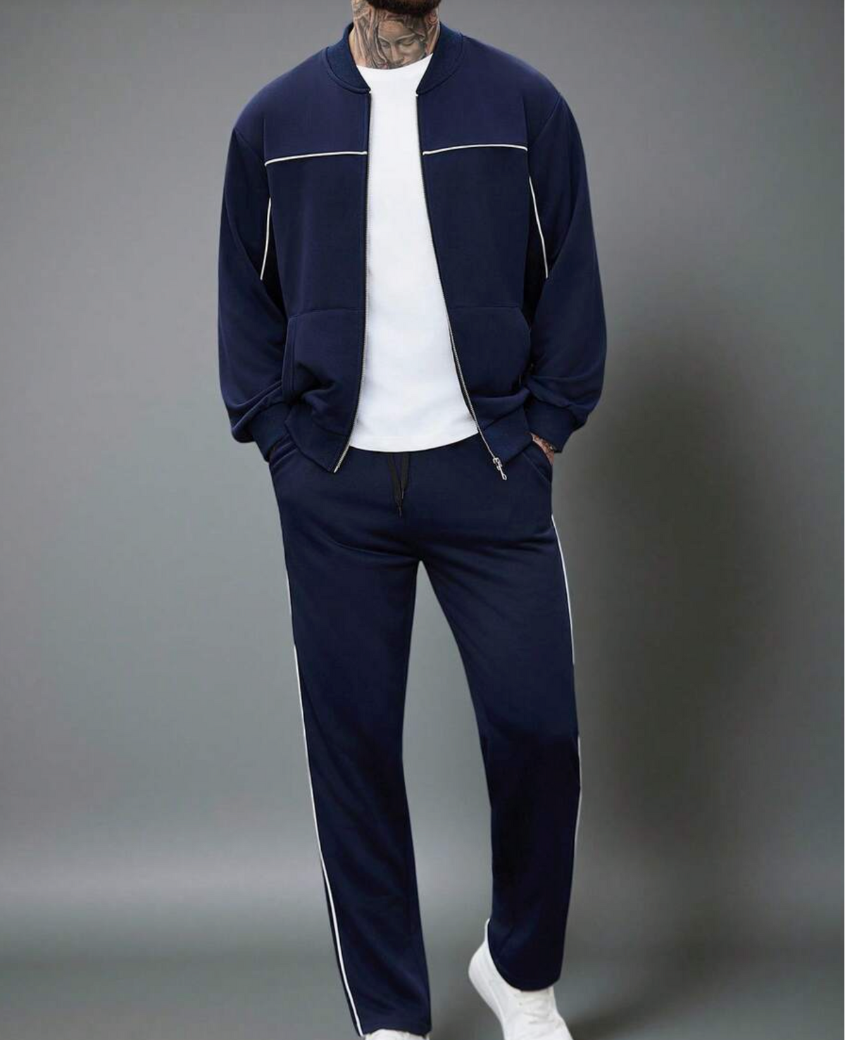 Manfinity Homme Men's Navy Blue Drop Shoulder Long Sleeve Zip-Up Jacket & Joggers Set,Baggy