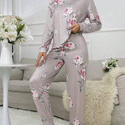 Women Floral Print Crew Neck Long Sleeve Top And Long Pants Pajama Set, Fall Winter Clothes