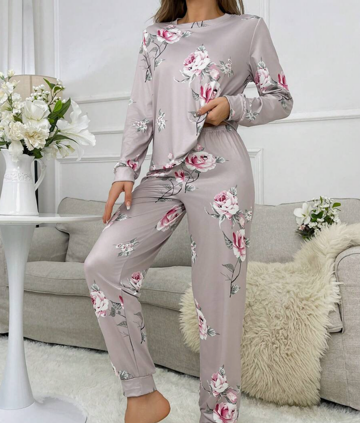Women Floral Print Crew Neck Long Sleeve Top And Long Pants Pajama Set, Fall Winter Clothes