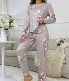 Women Floral Print Crew Neck Long Sleeve Top And Long Pants Pajama Set, Fall Winter Clothes
