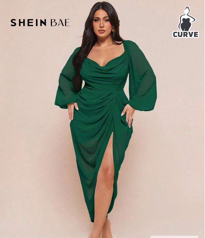 SHEIN BAE Plus Size Women's Elegant Wedding Guest Dark Green Dress,