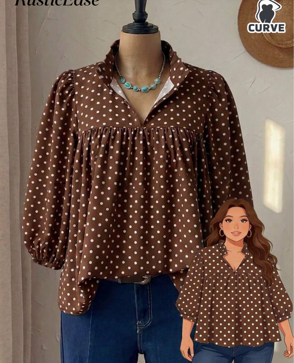 Rusticease Plus Size Women Spring/Autumn Casual Vacation Style Ditsy Floral Lantern Sleeve