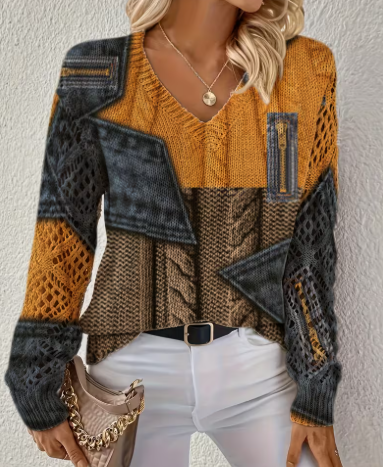 Printed Design - Not Textured Elegant Autumn Winter, Spring Summer, All-Season Style, Bohemian, Fashionable New Trendy Versatile Pullover V-Neck Long Sleeve Women'S Top with Floral Pattern Flat Digital Print, All-Over Printed