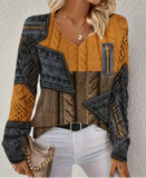 Printed Design - Not Textured Elegant Autumn Winter, Spring Summer, All-Season Style, Bohemian, Fashionable New Trendy Versatile Pullover V-Neck Long Sleeve Women'S Top with Floral Pattern Flat Digital Print, All-Over Printed