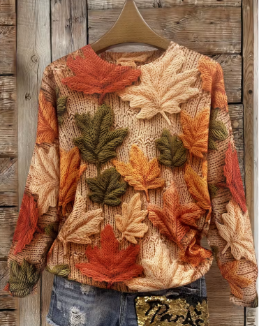 Women'S for All Over Printed Long Sleeve Universal Crew Neck Lightweight Sweater, Trendy Wear, Ultra HD Fallen Leaves Pattern, Perfect for Casual Elegance Style Outfits - Suitable for All Seasons