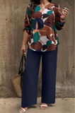 LUNE 2pcs Plus Size Women Casual Random Print Button Decorated Long Pants Set, Autumn/Winter