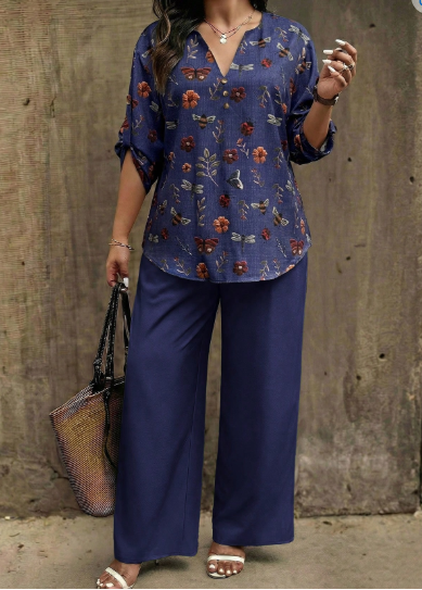 EMERY ROSE Plus Size Floral Print Notch Neck Top And Solid Color Pants 2-Piece Set