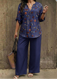 EMERY ROSE Plus Size Floral Print Notch Neck Top And Solid Color Pants 2-Piece Set