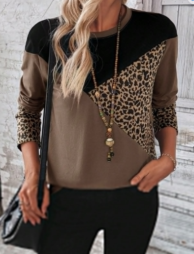 Women's Casual Chic Street Style Vacation Leopard Print Patchwork Long Sleeve Loose T-Shirt,