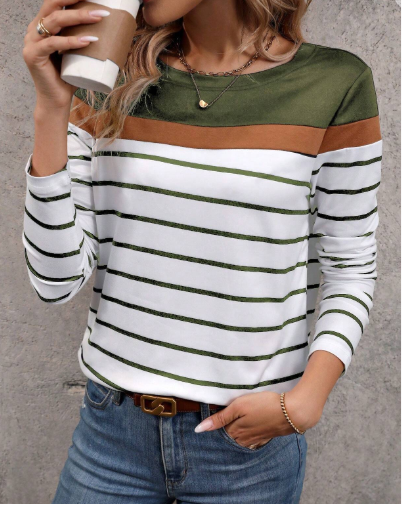 Women's Casual Loose Fit Striped Round Neck Long Sleeve T-Shirt, Autumn Graphic Tees Women Tops