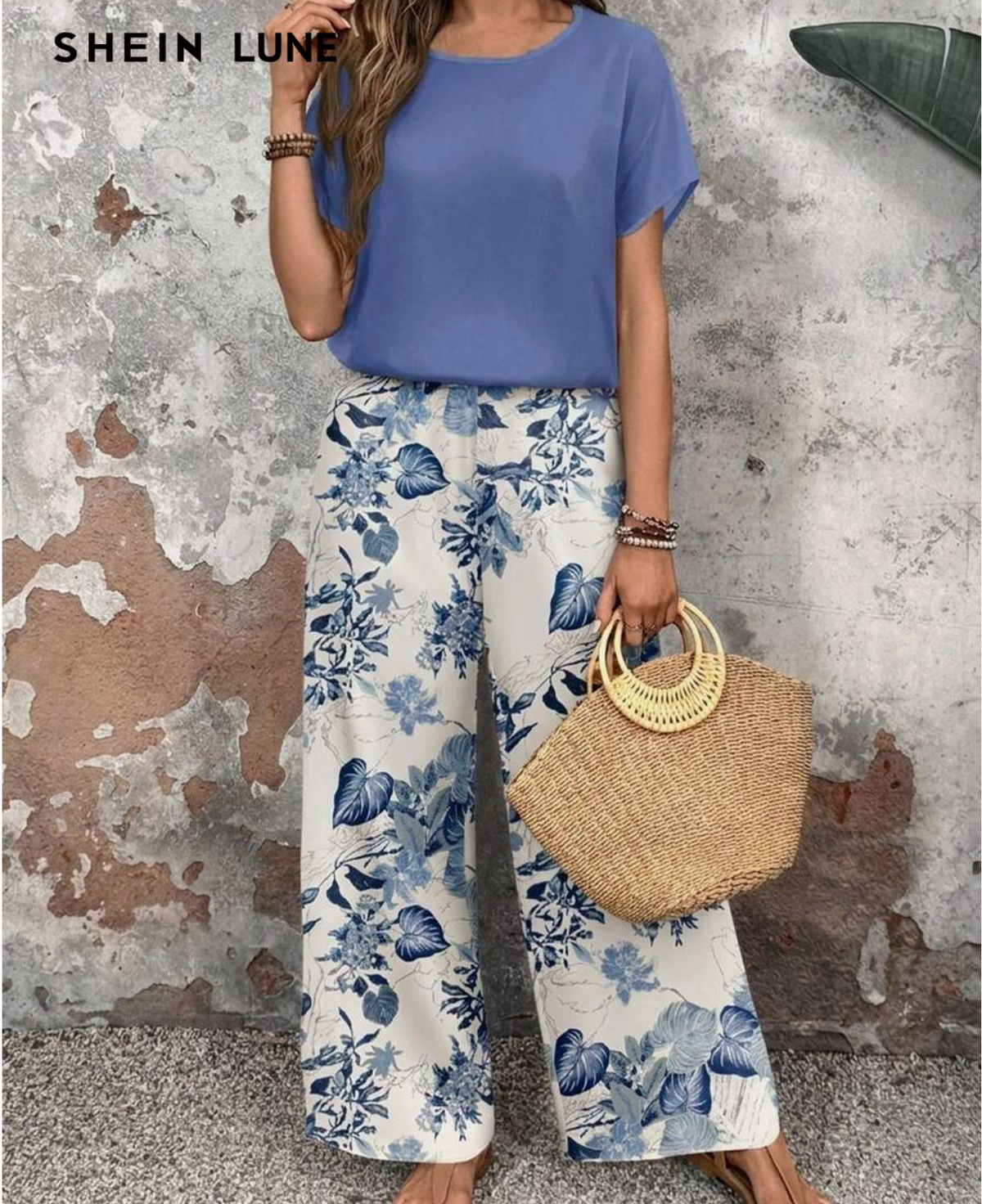 SHEIN LUNE 2pcs/Set Women Casual Round Neck Top And Loose Pants, Versatile Outfit
