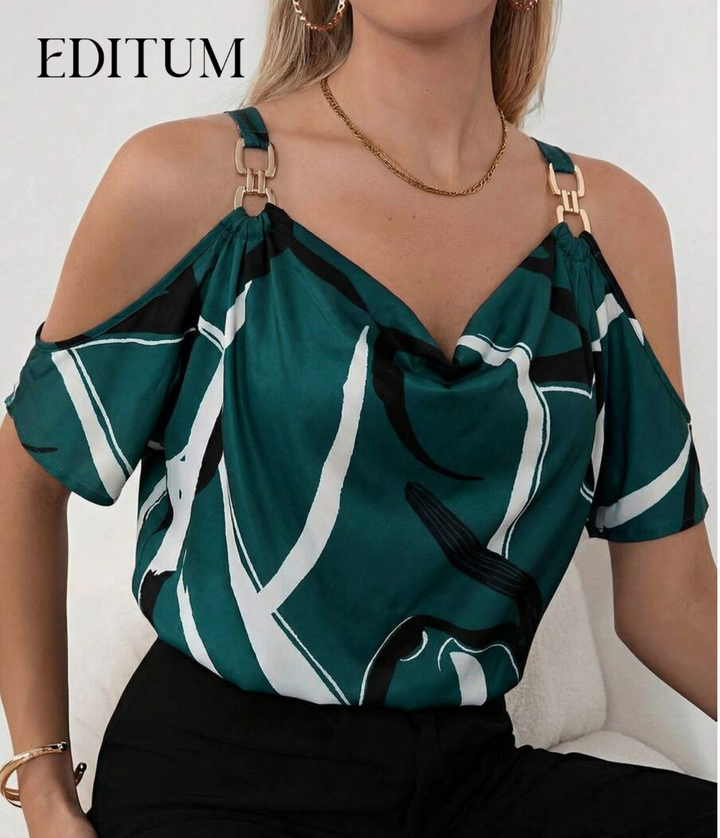 Editum Allover Print Cold Shoulder Chain Detail Blouse Off Shoulder Top,