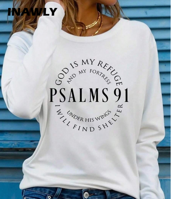 INAWLY 2025 Long Sleeve Top,Bible Psalms Letter Printed Round Neck Long Sleeve T-Shirt