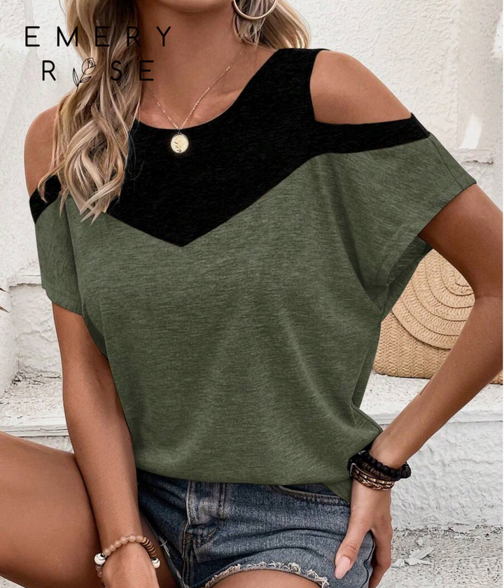 EMERY ROSE Color Block Open Shoulder T-Shirt Graphic Tees Women Tops Travel Olive Green