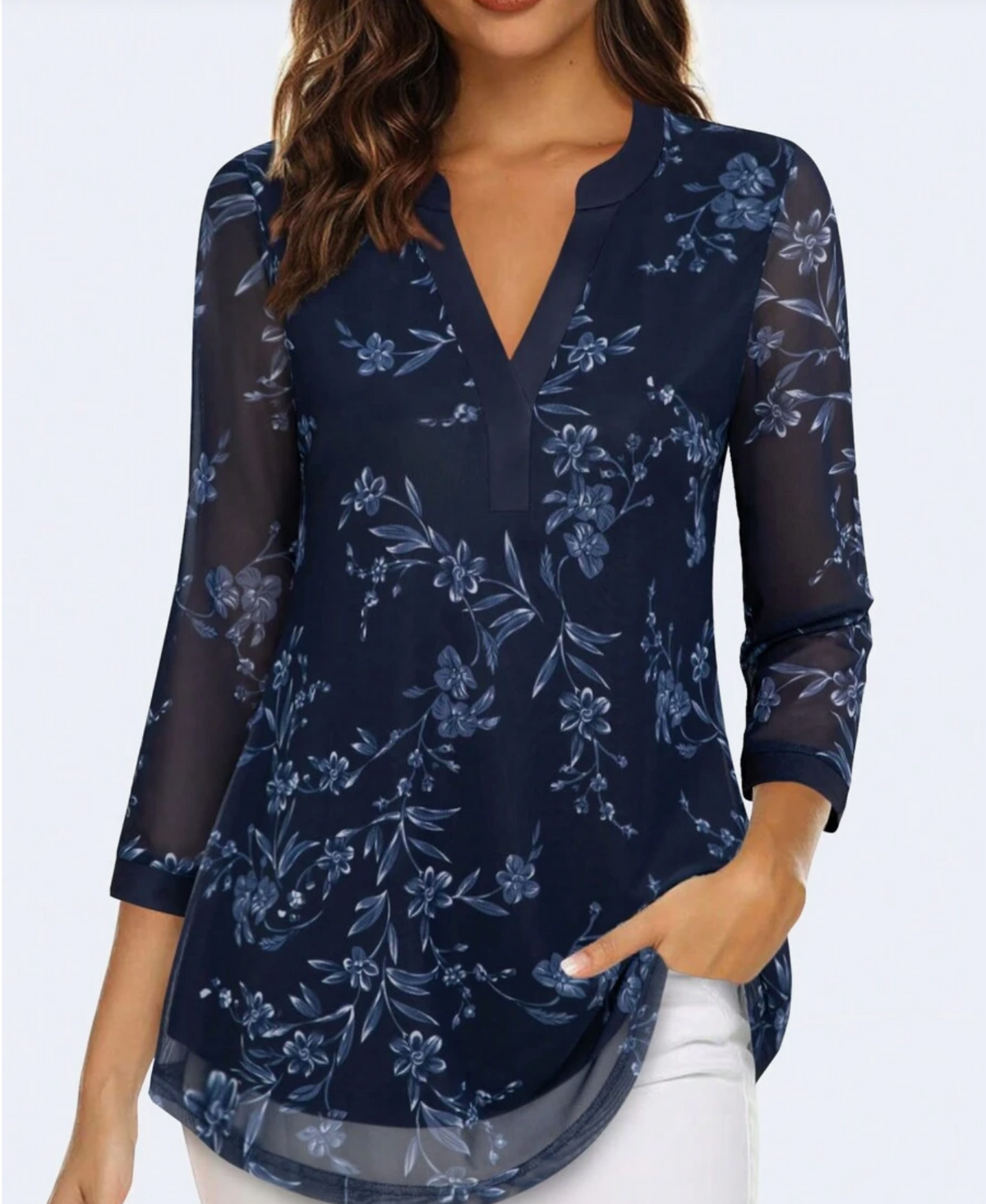 CheersLife Women's V-Neck 3/4 Sleeve Casual Dress With Layered Mesh Waist Tie