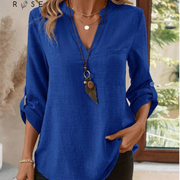 EMERY ROSE Women's V-Neck Plain Textured Fabric Casual Summer Shirt White V Neck Blouse