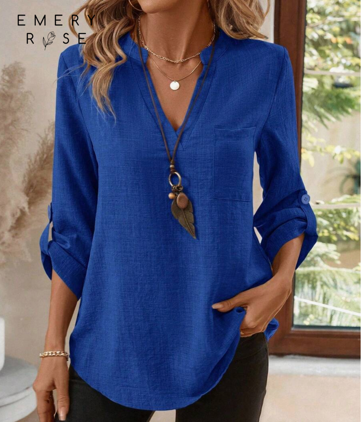 EMERY ROSE Women's V-Neck Plain Textured Fabric Casual Summer Shirt White V Neck Blouse