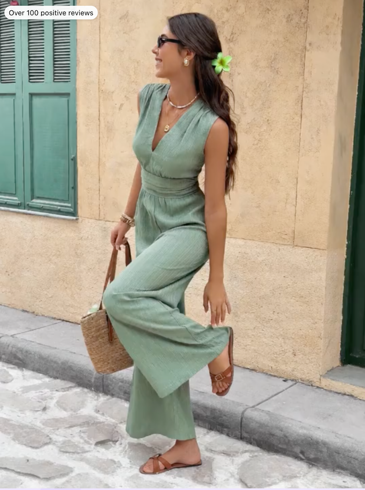 Serisse Women's Solid Deep V-Neck Ruched Sleeveless Jumpsuit Summer Green Casual