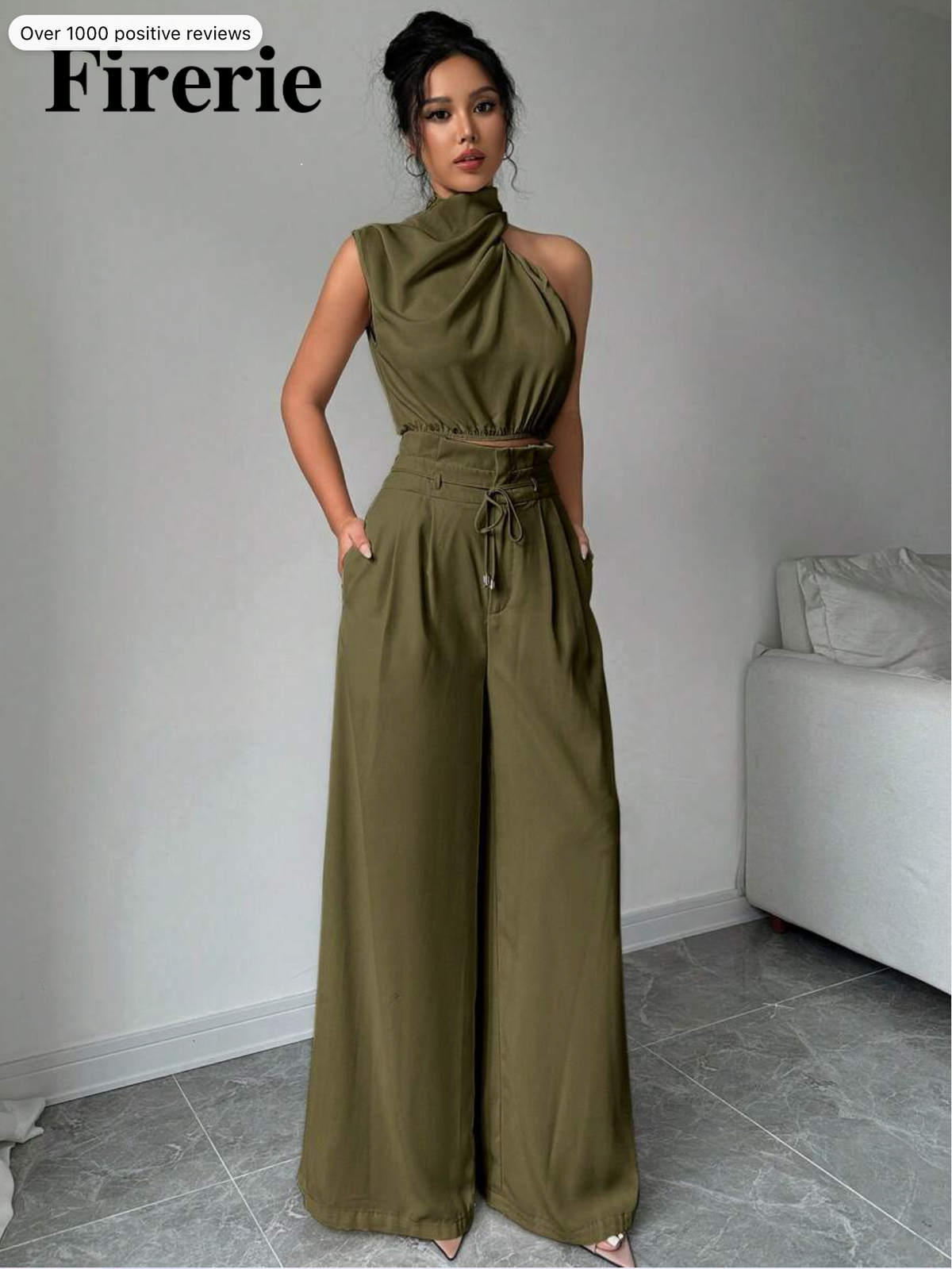Firerie 2pcs Women's Sleeveless Turtleneck Top & Wide Leg Pants Set