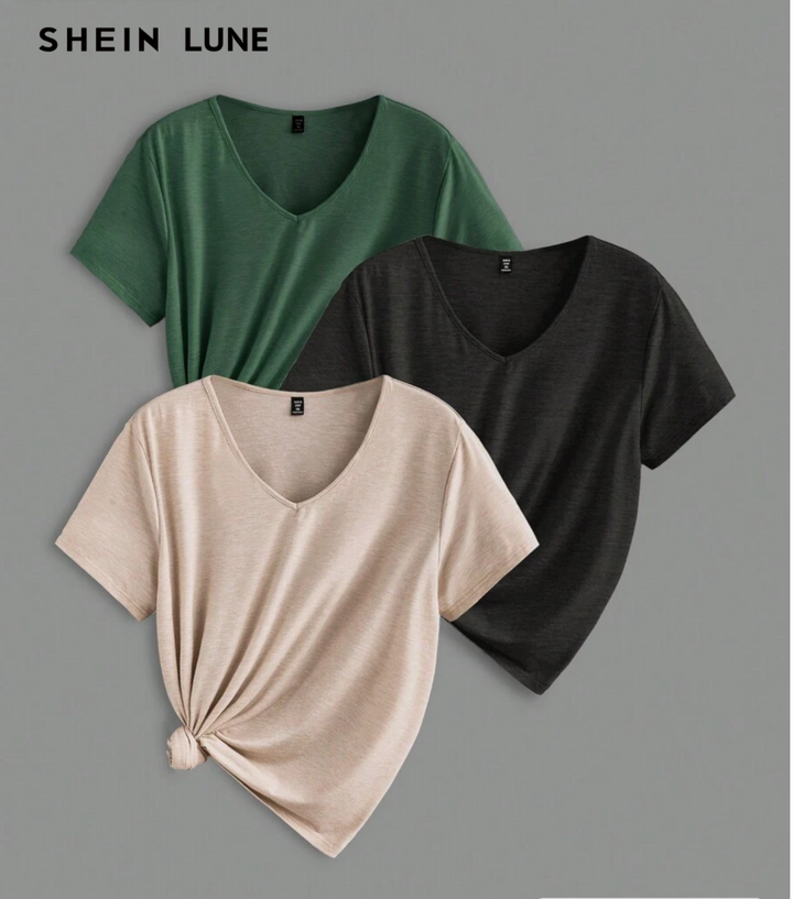 SHEIN LUNE 3pcs/Set Plus Size Women Casual V-Neck Loose Short Sleeve T-Shirt,