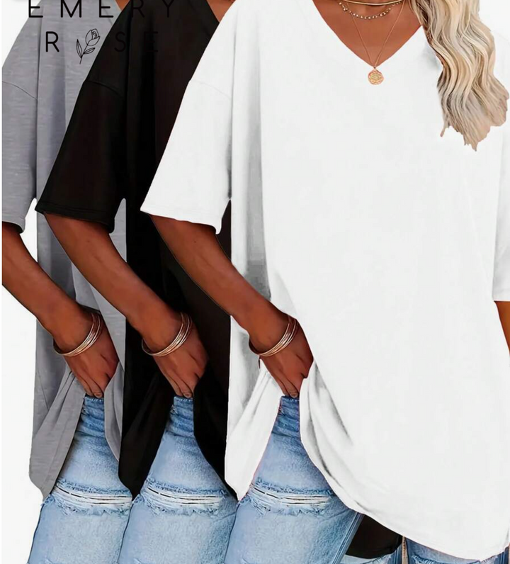 EMERY ROSE Plus Size Solid Half Sleeve T-Shirt, Casual V Neck T-Shirt For Summer