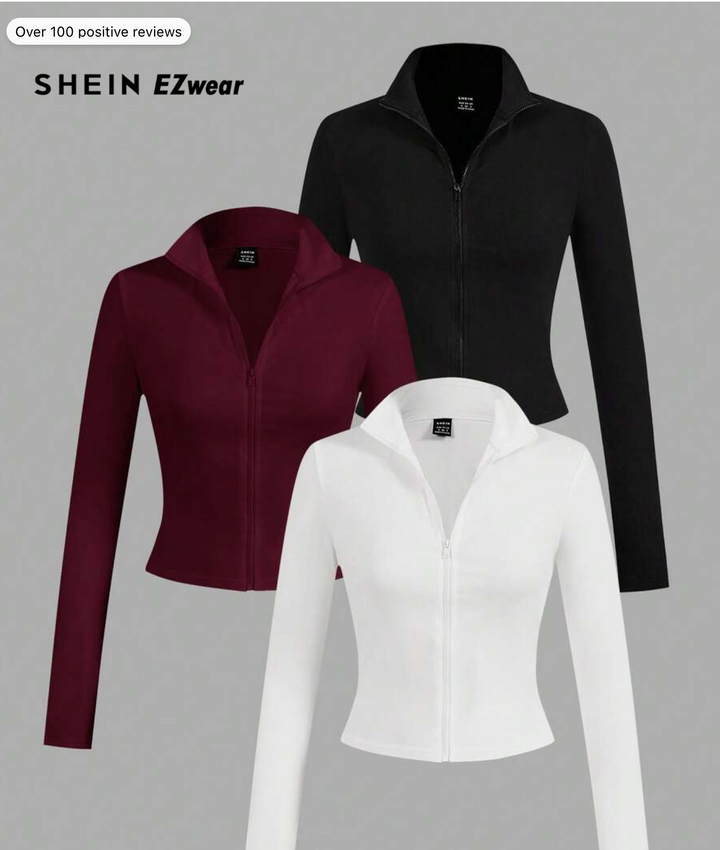 SHEIN EZwear 3pcs/Set Casual Minimalist White, Black, Navy Blue Knit Zip-Up Long Sleeve T-Shirts