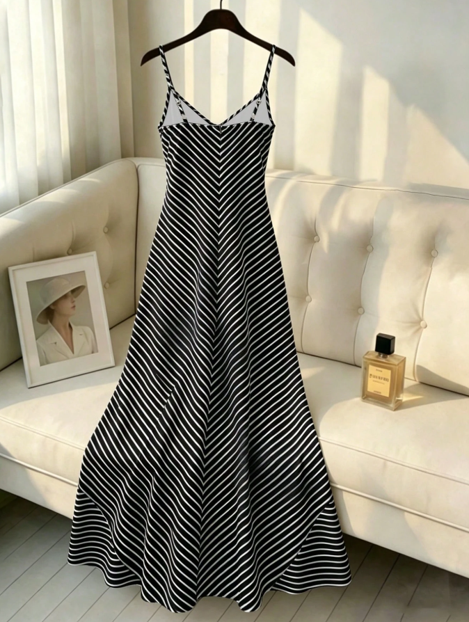 Franclia V-Neck Striped Camisole Dress For Women Elegant Dress For Women New Arrival Good Quality Dresses Latest Dress Dinner Gown For Ladies