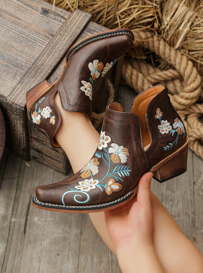 Women's Retro Brown Embroidered Western Boots, V-Cut Chunky Wooden Heel Ankle Boots, Casual Comfortable Walking Shoes, Square Toe Chunky Heel Casual Boots, Suitable For All Seasons
