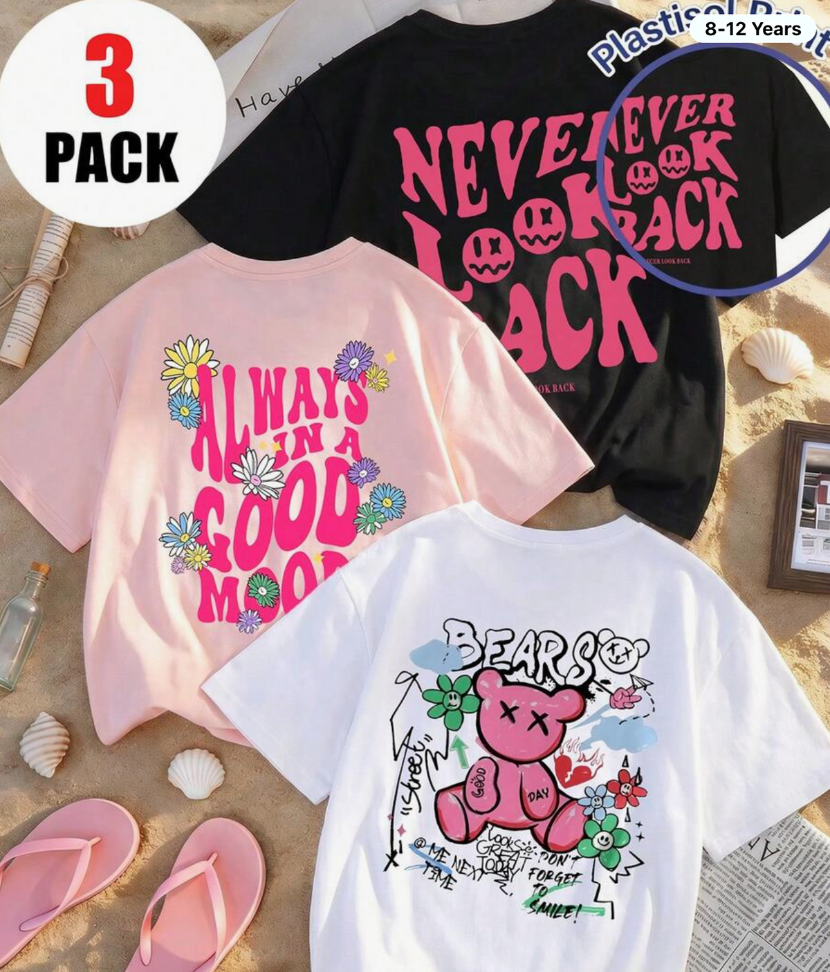 3pcs/Set Girls Casual Printed Round Neck Short Sleeve T-Shirts, Summer Student Clothing