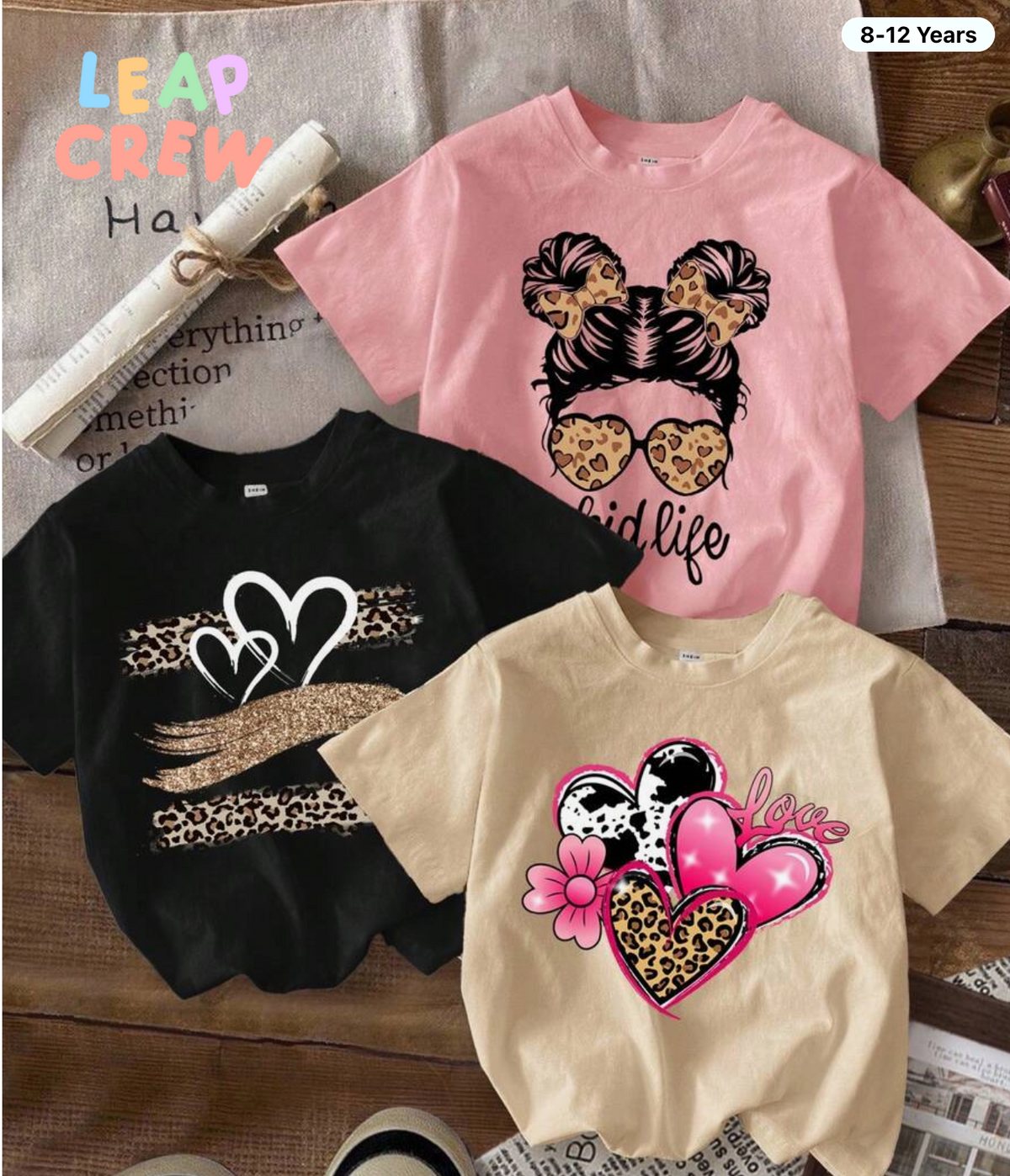SHEIN Leap Crew Tween Girl 3pcs/Set Casual Cartoon Heart & Leopard Print T-Shirts,