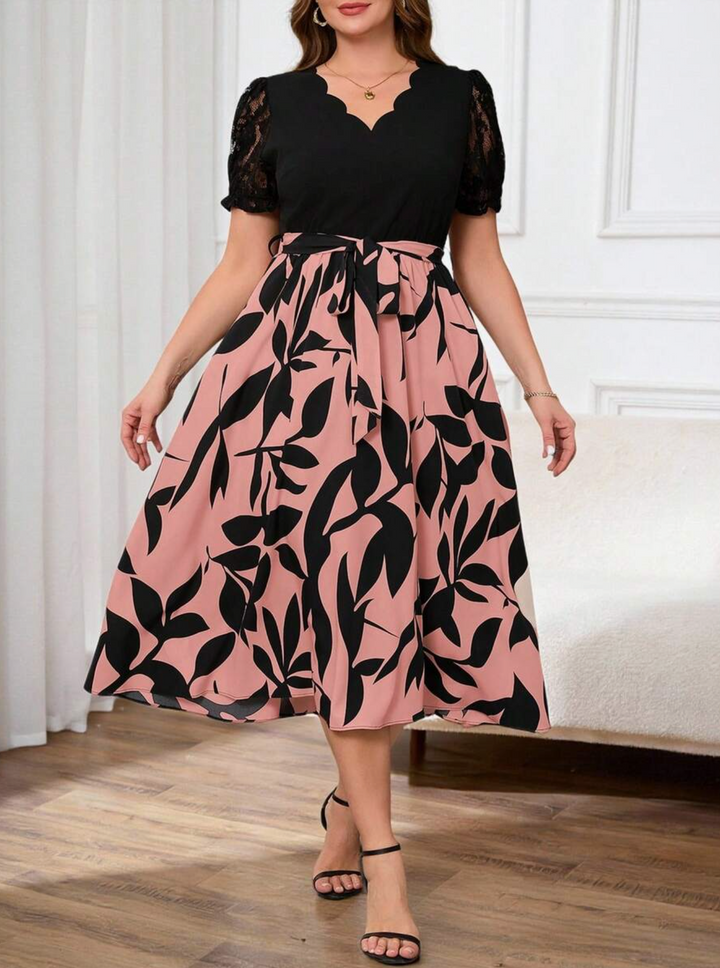 Reflora Plus Size Plant Print Contrast Lace Trim Casual Dress
