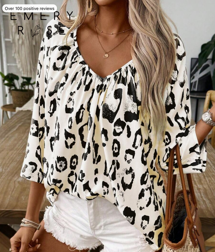 EMERY ROSE Women's Leopard Print Bohemian Style V-Neck Ruched Loose Blouse