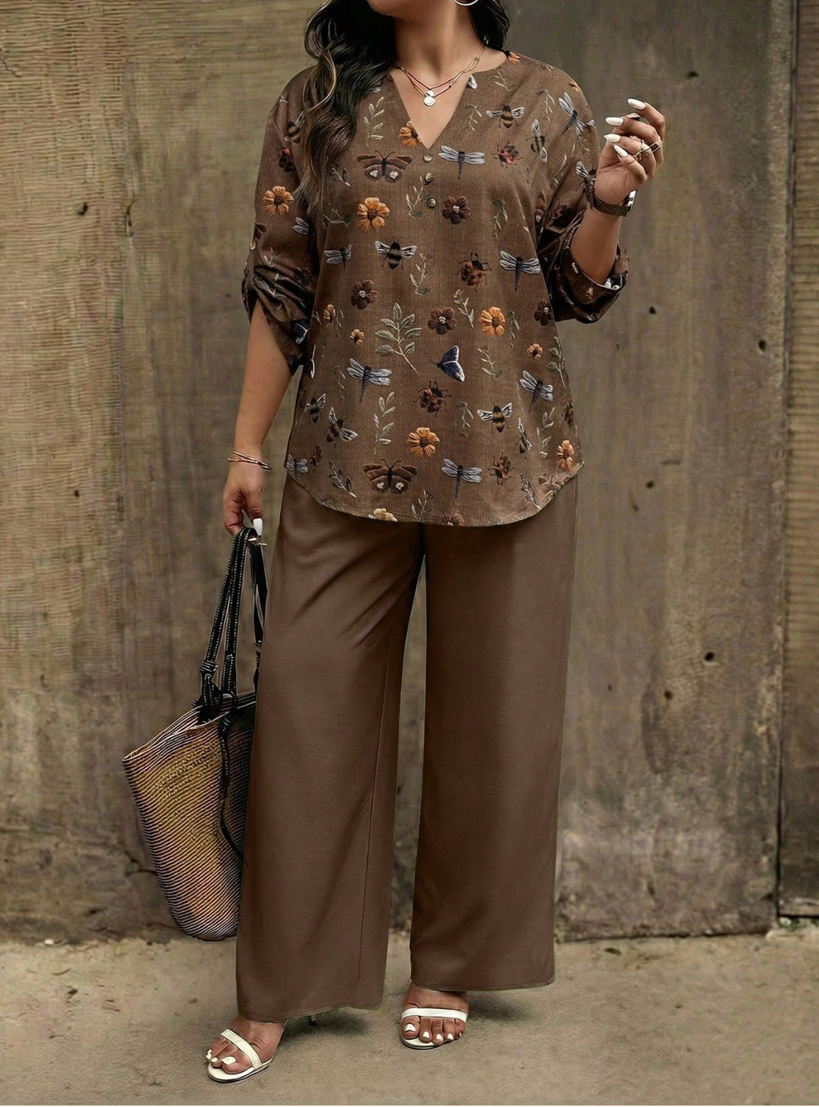 Plus Size Women's Floral & Dragonfly Print Notched Neck Roll Tab Sleeve Loose Top And Wide Leg Pants 2 Piece Set