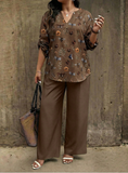 Plus Size Women's Floral & Dragonfly Print Notched Neck Roll Tab Sleeve Loose Top And Wide Leg Pants 2 Piece Set