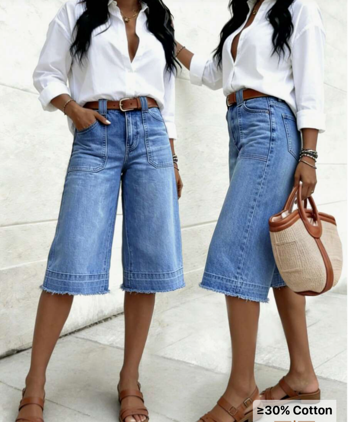 Women's Washed Denim Bermuda Shorts, Medium Stretch Straight Leg Capri Design,