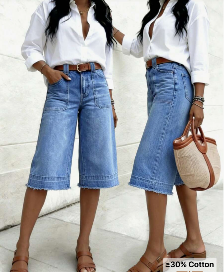 Women's Washed Denim Bermuda Shorts, Medium Stretch Straight Leg Capri Design,