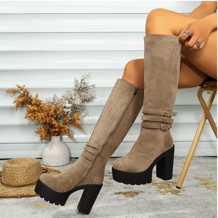 Retro But Not Over-The-Knee Women'S New Autumn Winter Side Zipper Round Toe Chunky Heel Long Boots