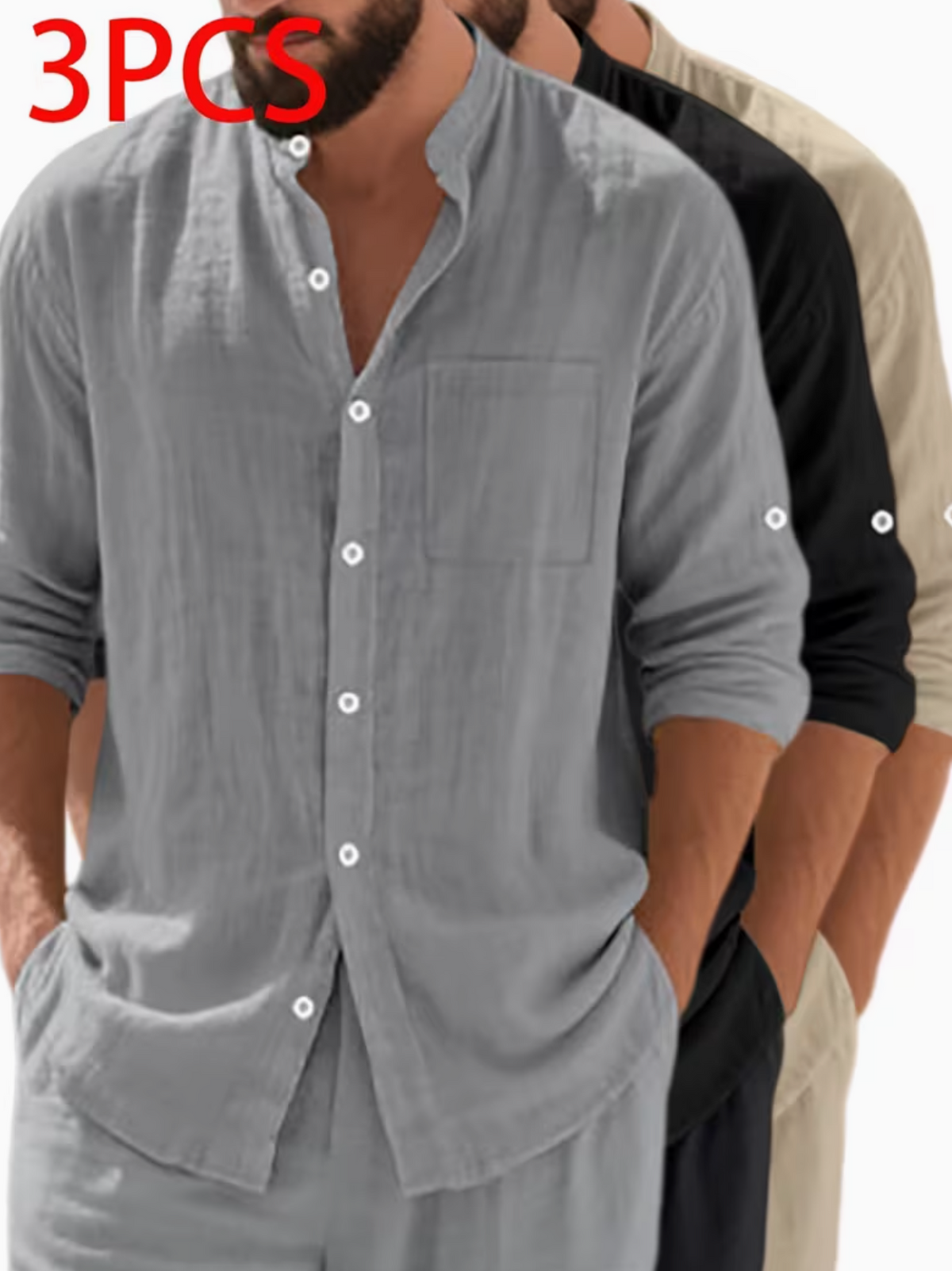 3pcs Men's Linen Outdoor Casual Shirts, Stand Collar Long Sleeve Button-Up Shirts for Daily Commute,