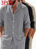 3pcs Men's Linen Outdoor Casual Shirts, Stand Collar Long Sleeve Button-Up Shirts for Daily Commute,
