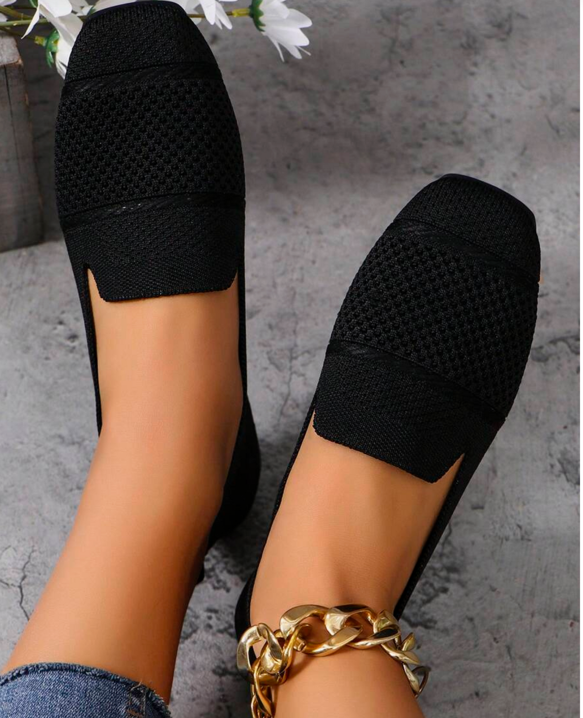 Women's Knitted Flat Shoes, Comfortable Square Toe Loafers, Breathable Mom Shoes