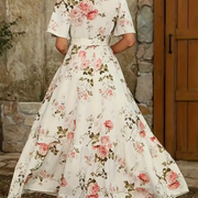 Women's Floral Print V-Neck Midi Dress with Adjustable Waist Belt - Sleeveless A-Line Long Dress for Spring Summer Fall, Machine Washable Elegant Casual to Formal Wear