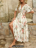 Women's Floral Print V-Neck Midi Dress with Adjustable Waist Belt - Sleeveless A-Line Long Dress for Spring Summer Fall, Machine Washable Elegant Casual to Formal Wear