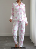 2pcs Women's Pajamas & Sleepwear - Bow Print Collar Button-Front Pajistubborn Suitable for Home, Vacation, or Daywear - Soft Elastic Lounge Pants & Matching Nightgown - All-Season 2pcs Pajamas Set