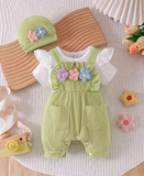 2pcs Set/Soft and Adorable Children's Bodysuit, Includes White 2-in-1 Look Overalls with Random Three-Dimensional Flower Decoration, Pockets, and Hat P102699, Perfect for Outdoor