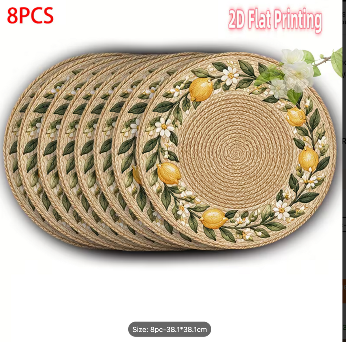 4-6-8pcs 2D Printed Placemats Faux Rattan Lemon Blossom Circle-38.1 cm Polyester Table Mats, Decor for Home, Wedding, Anniversary, Festival, Banquet And Party