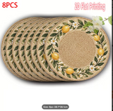 4-6-8pcs 2D Printed Placemats Faux Rattan Lemon Blossom Circle-38.1 cm Polyester Table Mats, Decor for Home, Wedding, Anniversary, Festival, Banquet And Party