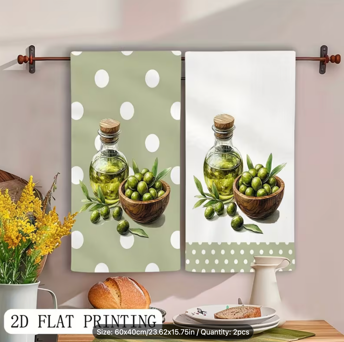 2pcs Elegant Rustic Olive Oil and Olive Kitchen Towels - Modern Cartoon Tree Branch Design, Holiday Home Party Decor, Hand Wash Only, Fresh Style, High-Quality Home Textiles, Essential for Gift Shopping, Soft Texture, for Home Decor Enthusiasts
