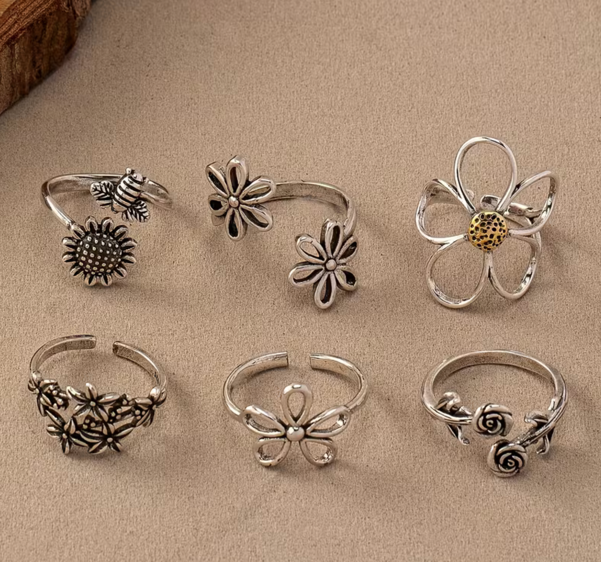 6pcs Bohemian Style Unique Design Rose Hollow Flower Sunflower Open Ring Set, Adjustable Size, Suitable for Daily Wear, Vacation, and Gift Giving