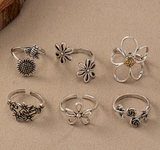 6pcs Bohemian Style Unique Design Rose Hollow Flower Sunflower Open Ring Set, Adjustable Size, Suitable for Daily Wear, Vacation, and Gift Giving