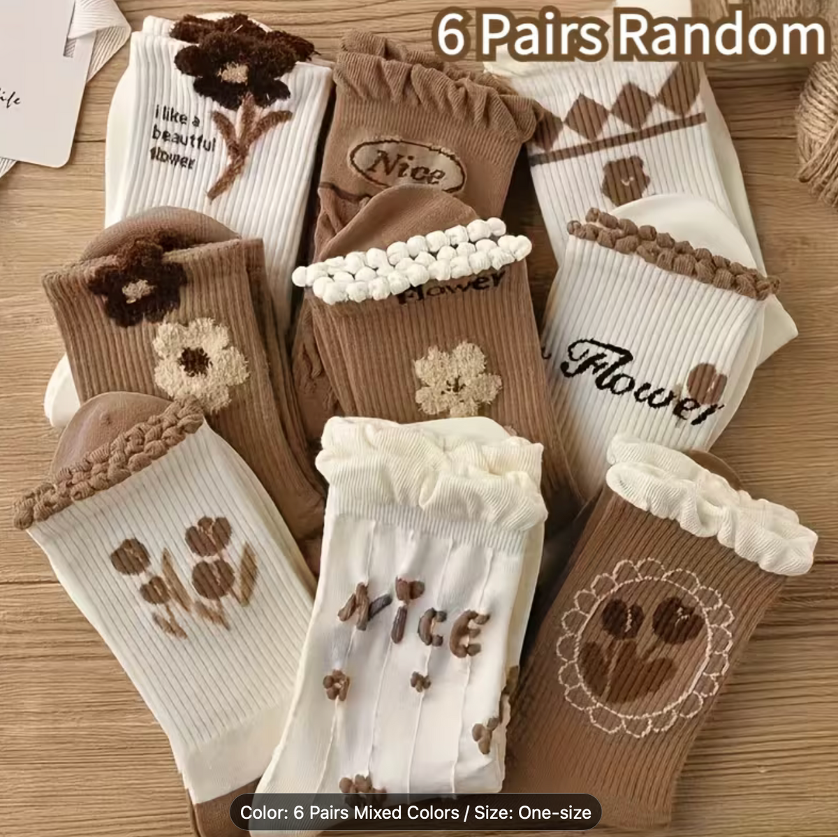 6 Pairs (Random), Women'S Spring/Autumn/Winter Stockings, Trendy And Versatile High-Value Stockings, Brown Lace Mid-Length Floral Stockings, Multiple Styles Available